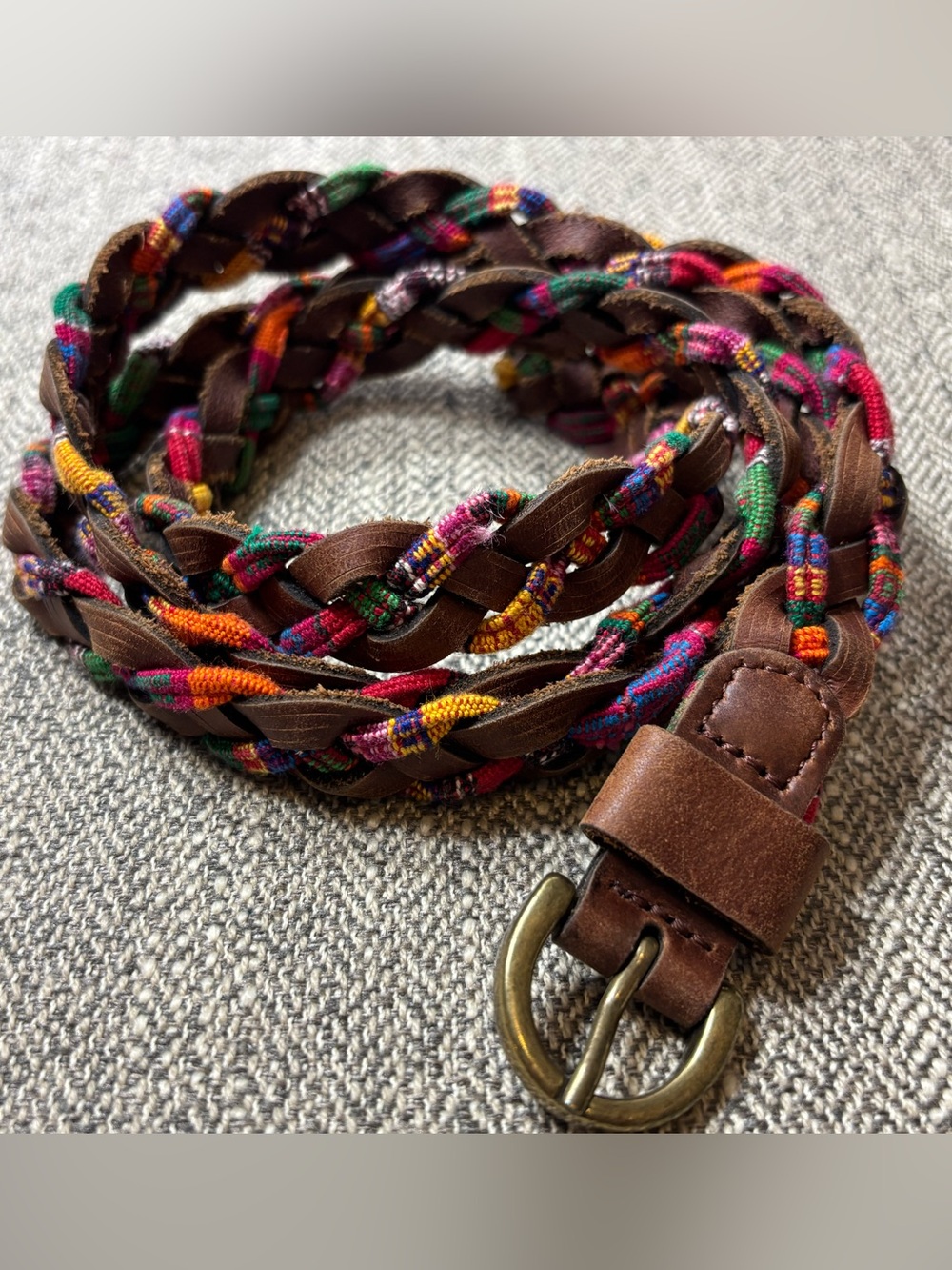 Cottagecore Brown Leather Braided Belt with Multicolor Woven 100% Cotton Accents